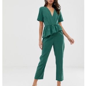 Peplum Wrap jumpsuit with frill detail in green